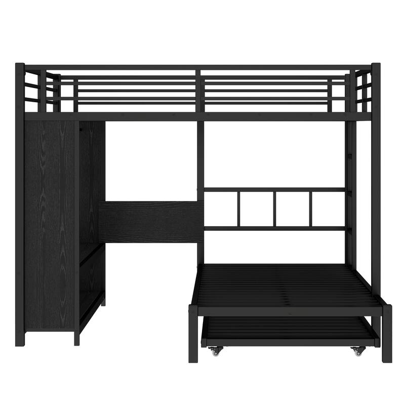 Queen Over Twin Metal Bunk Bed with Built-in Wardrobe, Trundle, Foldable Desk, and Noise-Reduced Design