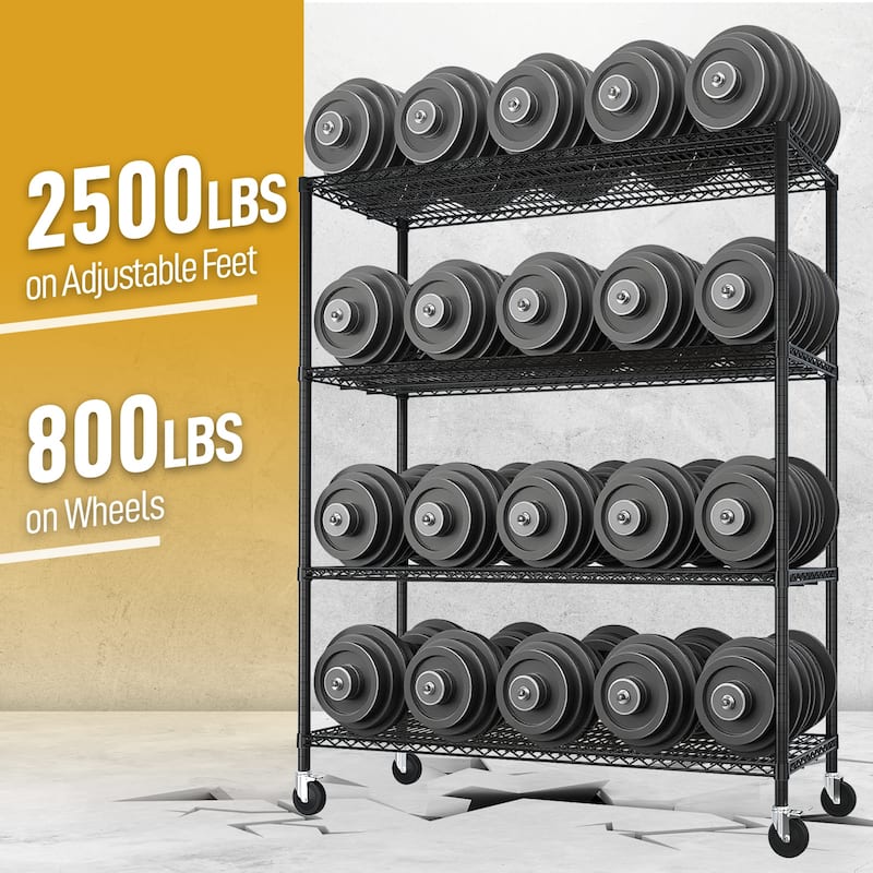 Black Adjustable 4-Layer Metal Storage Rack with Lockable Casters for Home and Commercial Use
