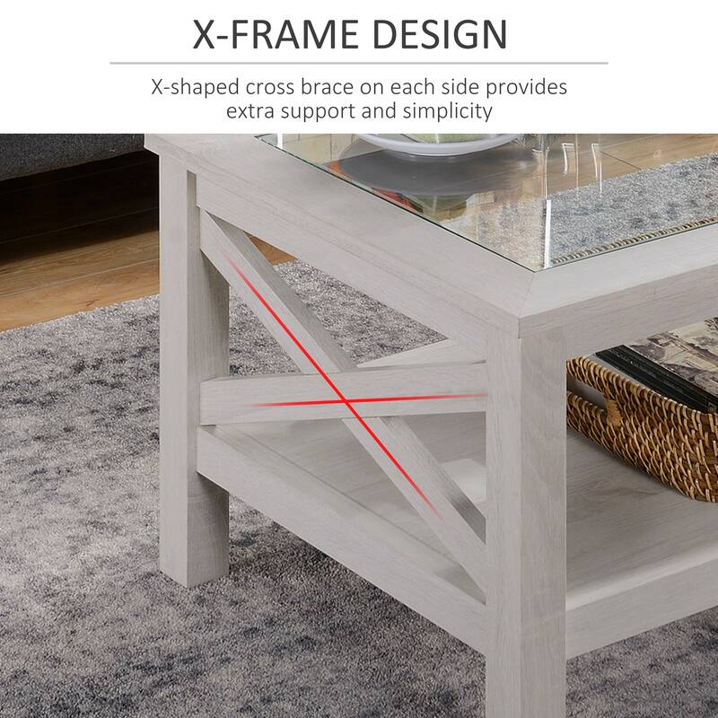 HOMCOM Traditional Coffee Table with Wood Frame, Tempered Glass Tabletop and Underneath Storage Shelf, White Oak