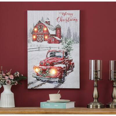 Merry Christmas Red Truck Winter Scene Lighted Canvas Print - 23.62" H x 15.75" W x 0.98" D