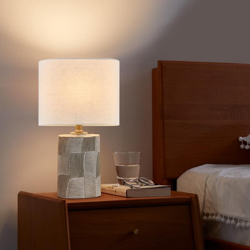 KAWOTI 17.5" Grey Bedside Table Lamp with Narrow Oval Lampshade - W10" * E6" * H17.5"