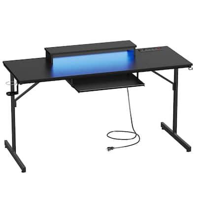 Bestier 63" Gaming Desk with Power Outlets & LED Lights, Computer Desk with Monitor Stand & Keyboard Tray