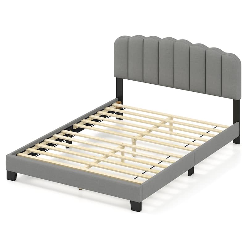 Gray Upholstered Queen Platform Bed Frame with Adjustable Headboard Tufted Linen and Sturdy Wooden Slats - Grey-Black