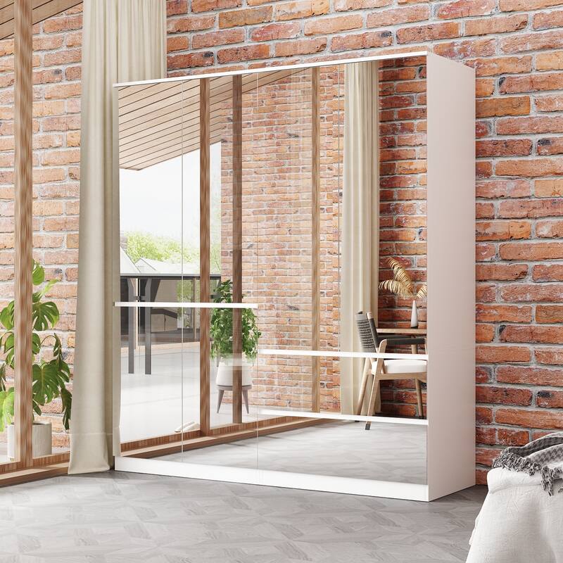 White Large Modular Modern High Gloss Wardrobe Armoire Mirrored Doors - 63"