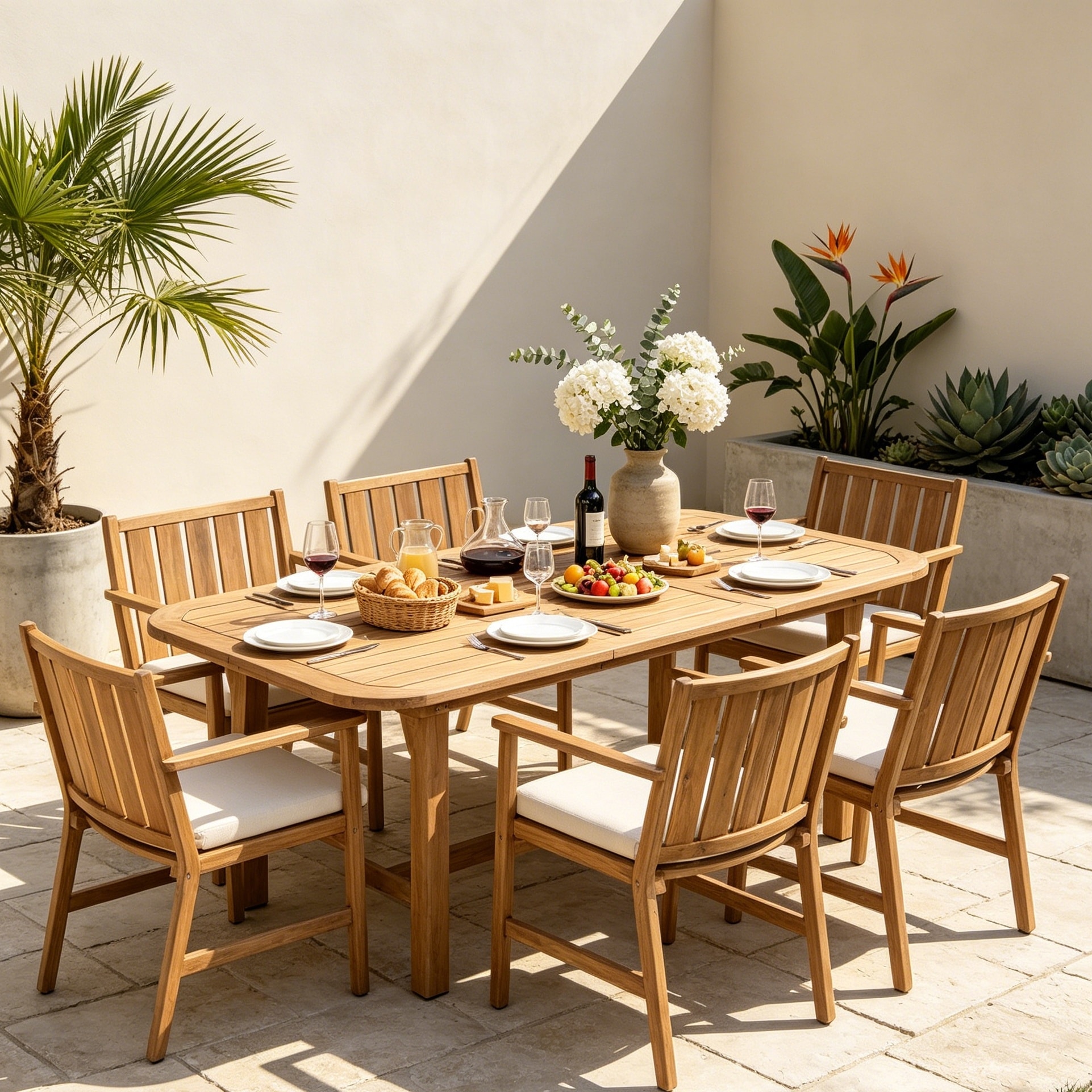Christopher Knight Home - Hadley 7-Piece Outdoor Dining Set, Extendable Curved Acacia Wood Table & Slat Armchairs with Cushions