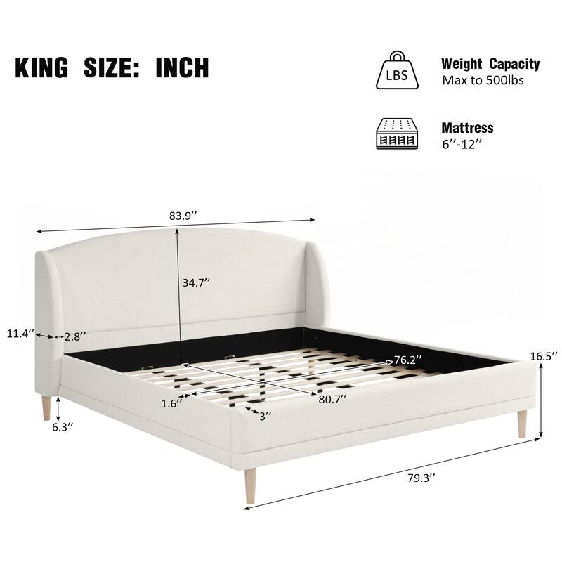 Upholstered Platform Bed Boucle Fabric and Wingback Headboard