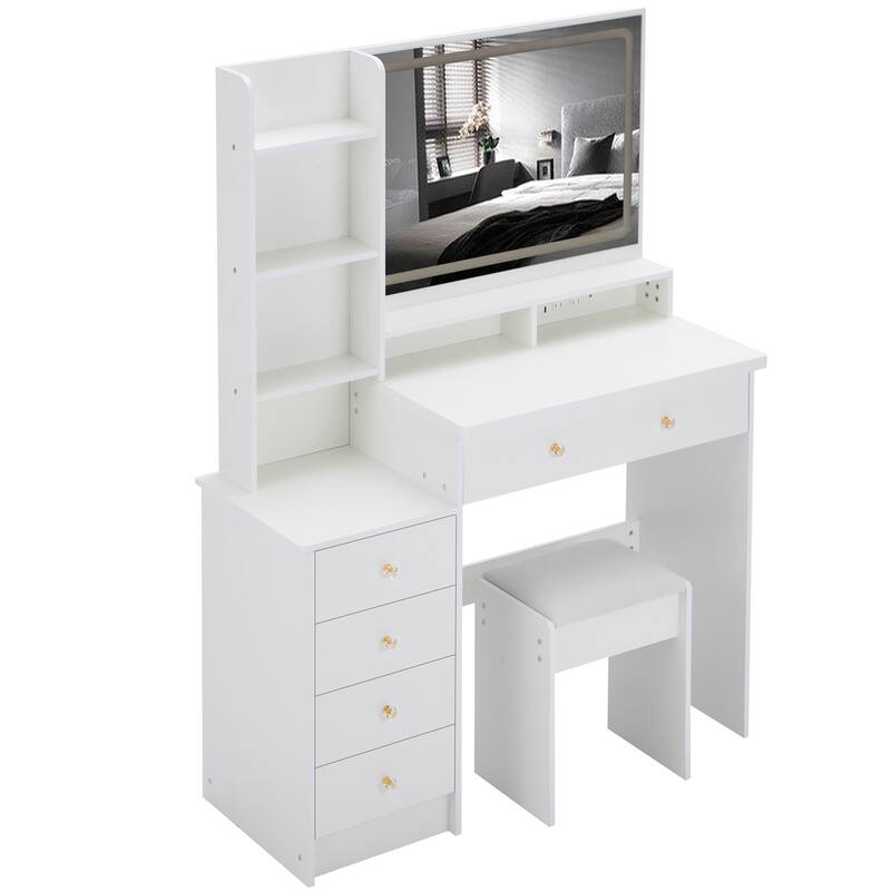 Vanity Desk with Touch Control LED Mirror, Makeup Table with Hair Dryer Stand, Vanity Table Set with Cushioned Stool