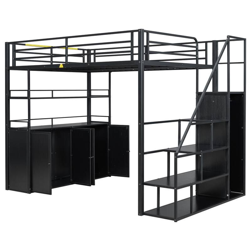 Full Size Metal Loft Bed with Storage Staircase, Wardrobe, Shelves and Lockers