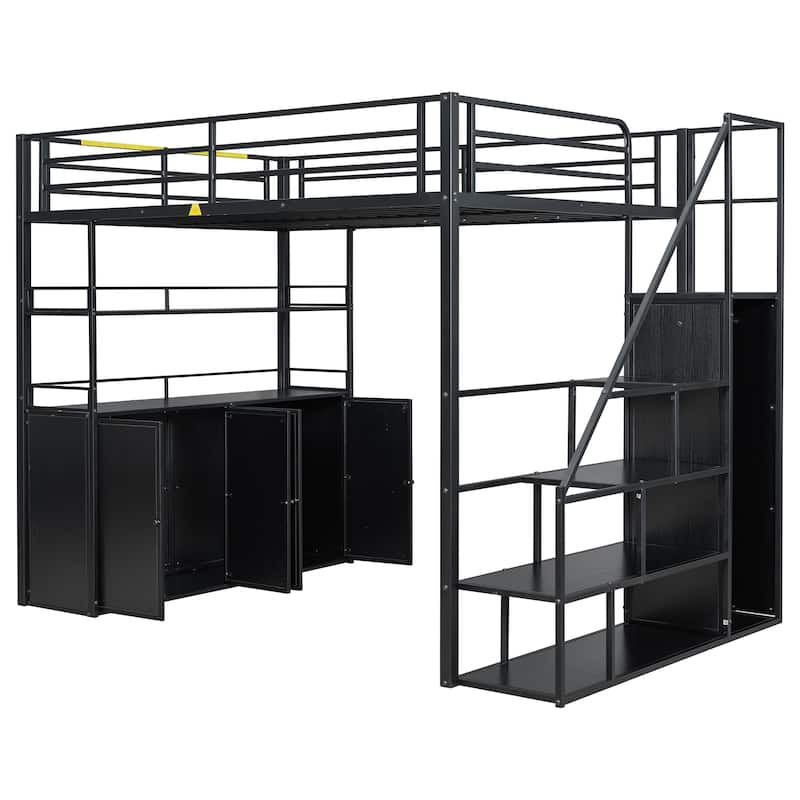 Metal Loft Bed with Storage Staircase and Wardrobe,Shelves and Lockers