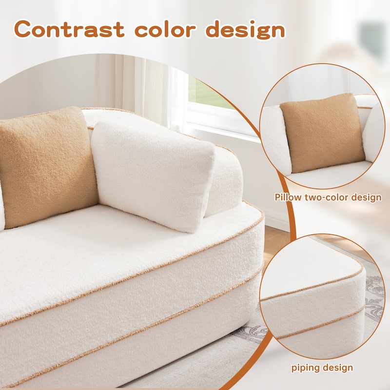135" Two-Tone Sofa Teddy Fabric Sofa, Boneless Couch with Sponge Cushions, Stylish Sectional Sofa with Pillows for Living Room