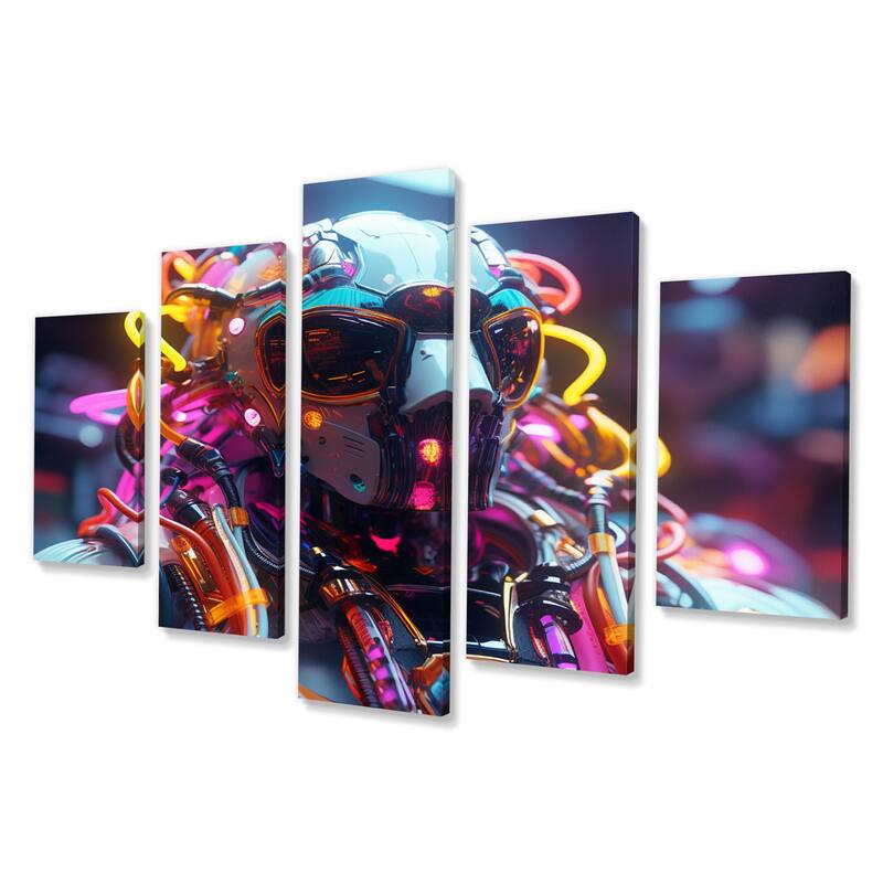 Designart "Sci-Fi Retro Futuristic Robot In Neon III" Robot Multipanel Wall Art Living Room set