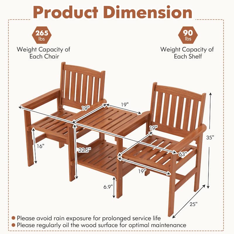 Outdoor Wooden Loveseat Bench with Built-In Table and Umbrella Hole Patio Seating for 2 People - 25" x 63" x 35"