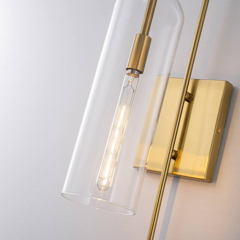 1-Light Brass Wall Sconce with Clear Cylindrical Glass Shade - 4.7" W × 7.9" D × 20.9" H