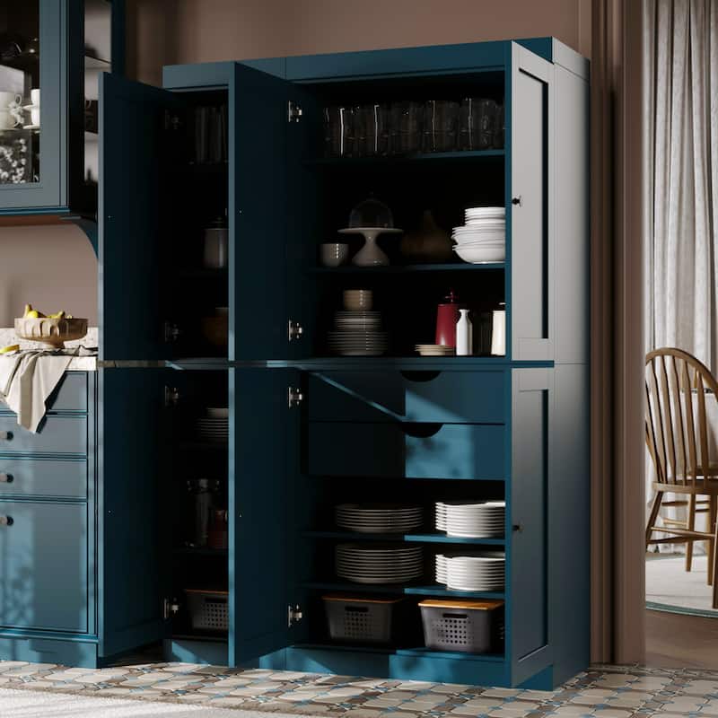 Palace Imports 100% Solid Wood 48.5" Pantry Cabinet with Shaker Doors, 2-Drawers and Adjustable Shelves - Teal Blue