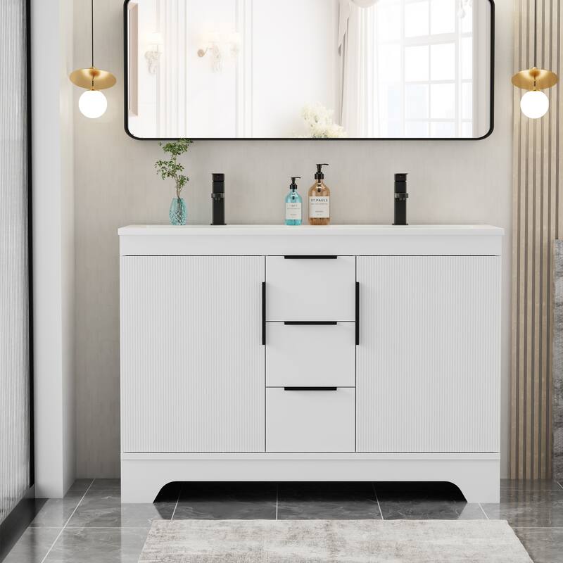 Vertical Stripes Bathroom Vanity Set with Sink Top & Faucet - 48"Double Sink - White-48"Double Sink