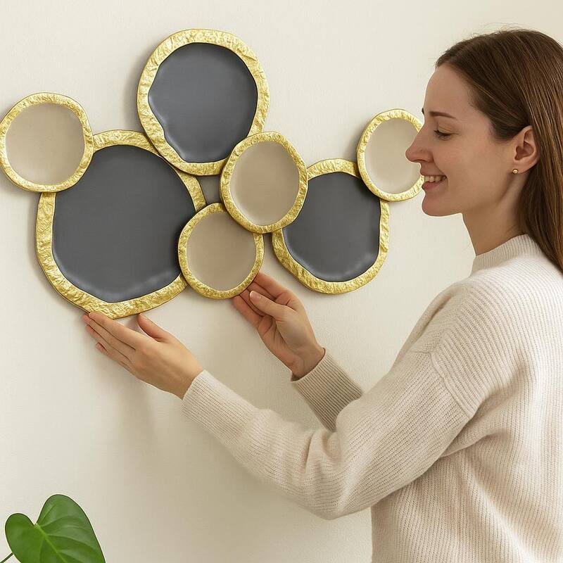 Gold Brown Abstract Ring Metal Wall Art Horizontal Modern Decor 32"
