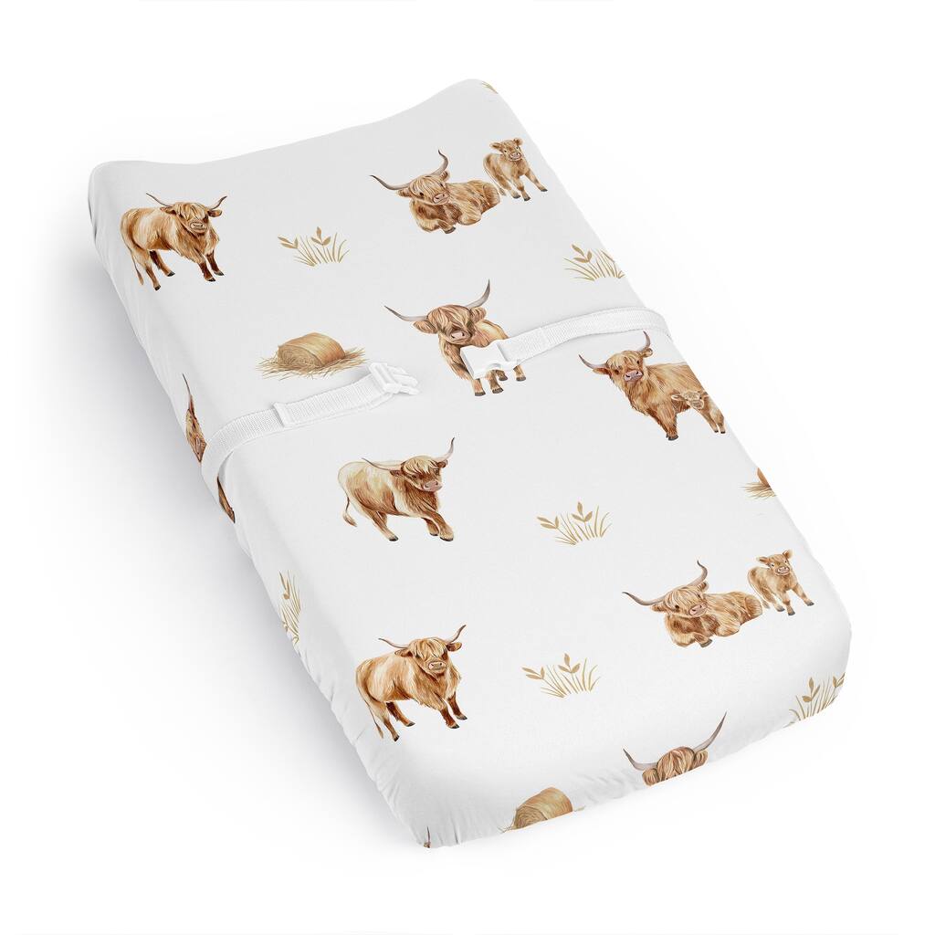 Sweet Jojo Designs Boho Highland Cow Boy, Girl, Gender Neutral Changing Pad Cover Sheet -Farm Animal Watercolor Rustic Farmhouse