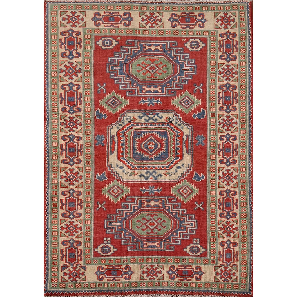 Kazak Foyer Rug Hand-Knotted Wool Carpet - 3'3" x 4'6"