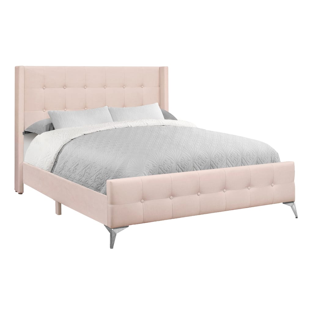 Bed, Queen Size, Bedroom, Upholstered, Pink Velvet, Chrome Metal Legs
