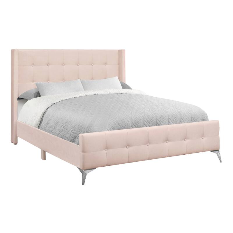 Queen Size Velvet Upholstered Wingback Bed with Wingback Headboard and Chrome Metal Legs - Pink