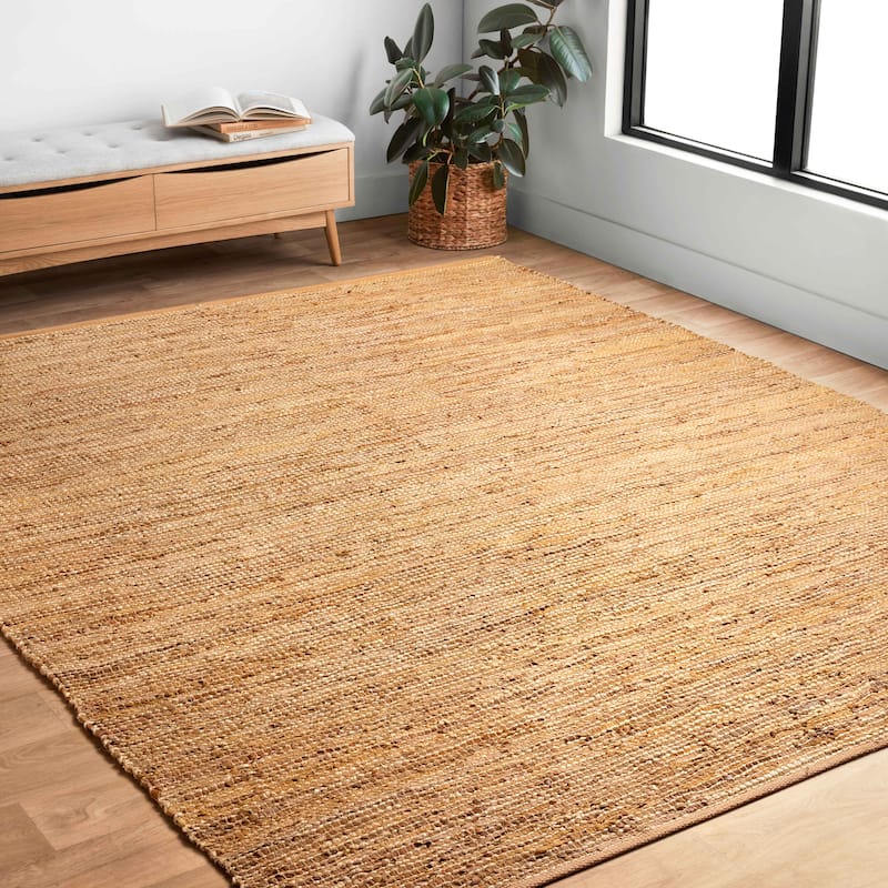 Alexander Home Farmhouse Jute and Leather Handwoven Area Rug - 7'9" x 9'9" - Tan - Rectangle