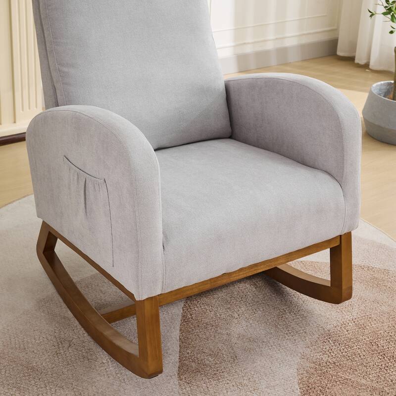 Teddy Rocking Chair with High-Back, Upholstered Glider Chair with Two Side Pockets, Armchair with Rubber Wood Legs
