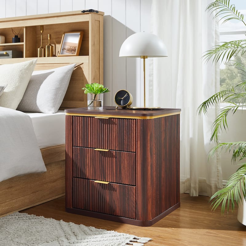 24" Mid Century Modern Fluted 3 Drawers Nightstand, Large End Table - Dark Walnut