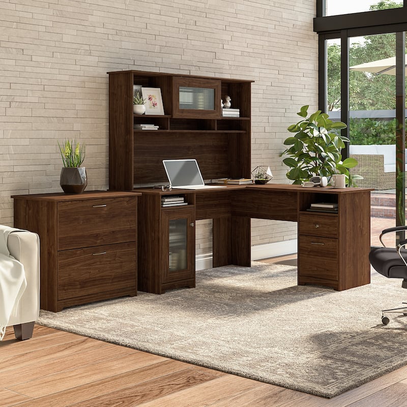 Cabot 60W L-Shaped Desk with Hutch and File Cabinet by Bush Furniture - Modern Walnut