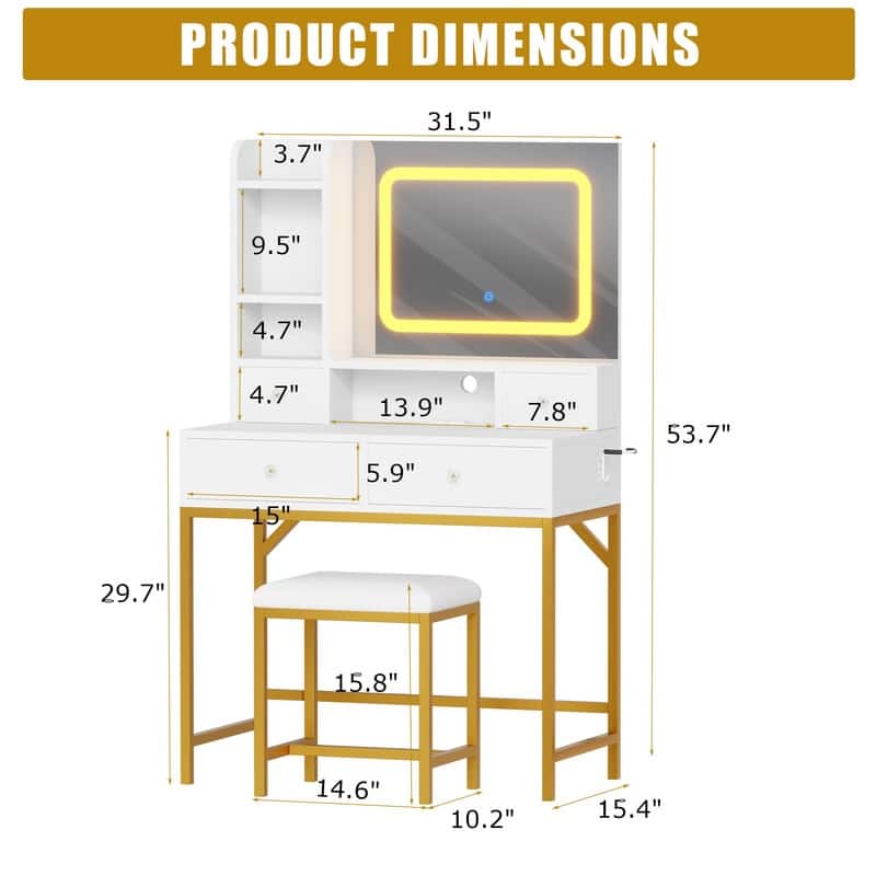 Makeup Vanity with Mirror and LED Lights, Charging Station, 4 Drawers, Shelves, Stool