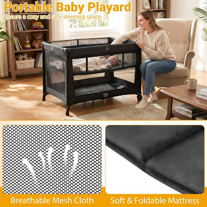 Gymax Portable Baby Playard w/Soft Mattress Breathable Mesh Sides