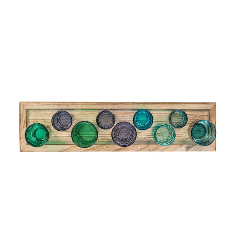 Wood Tray with 9 Blue & Green Glass Votive Holders