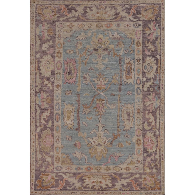 Light Blue Oushak Vegetable Dye Area Rug Hand-Knotted Wool Carpet - 4'1"x 5'9"