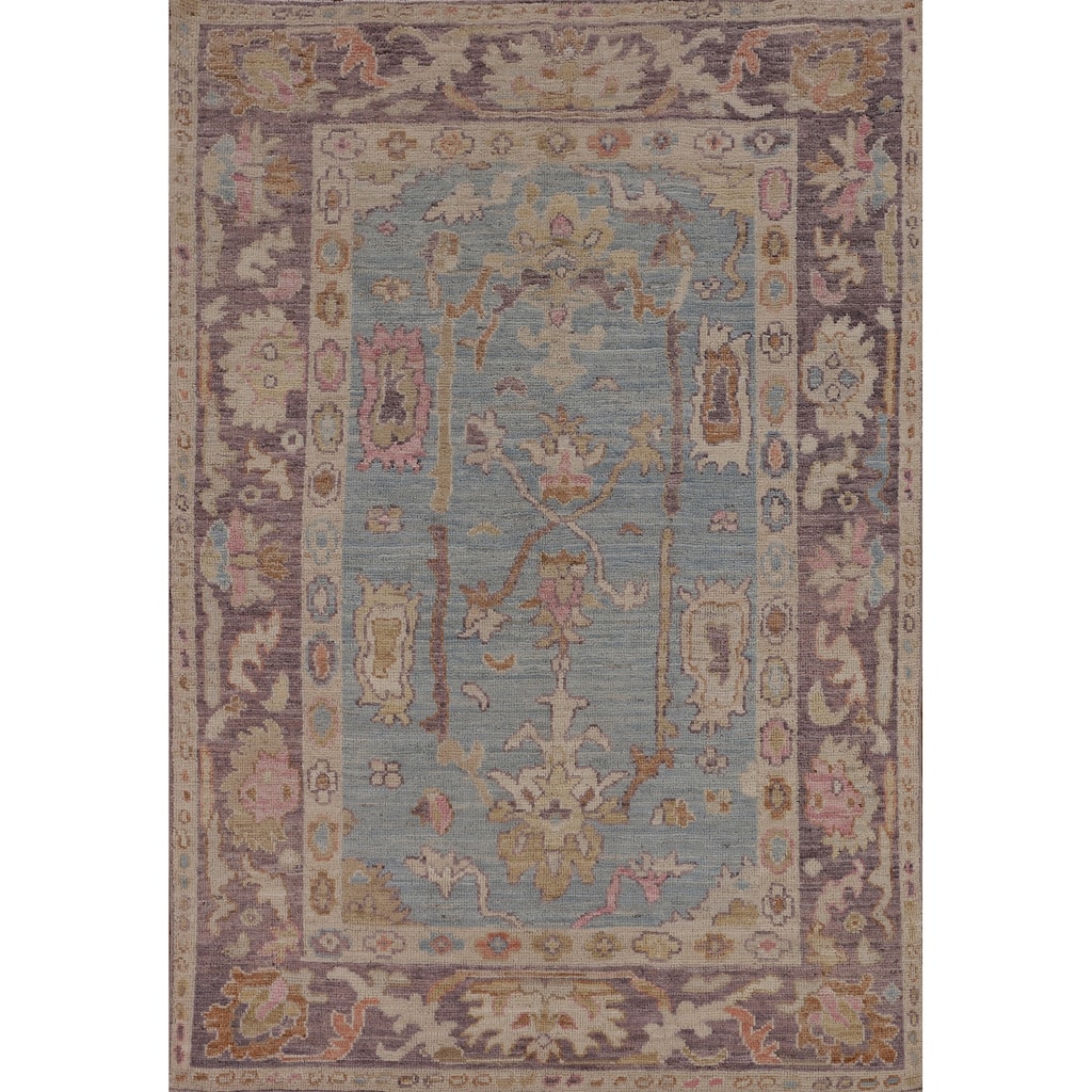 Light Blue Oushak Vegetable Dye Area Rug Hand-Knotted Wool Carpet - 4'1"x 5'9"