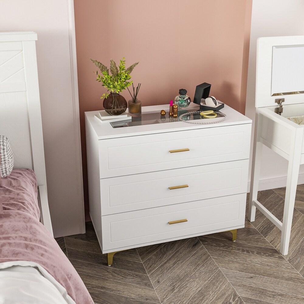 FUFU&GAGA 3-Drawer White Wood Chest of Drawers Bedside Table