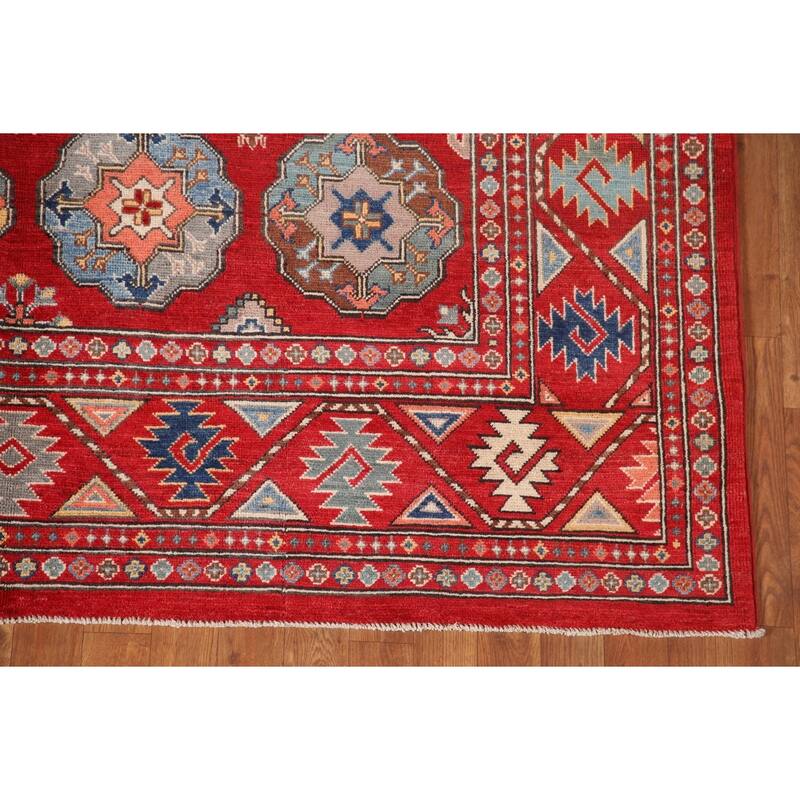All-Over Geometric Kazak Living Room Area Rug Handmade Wool Carpet - 6'4" x 9'7"