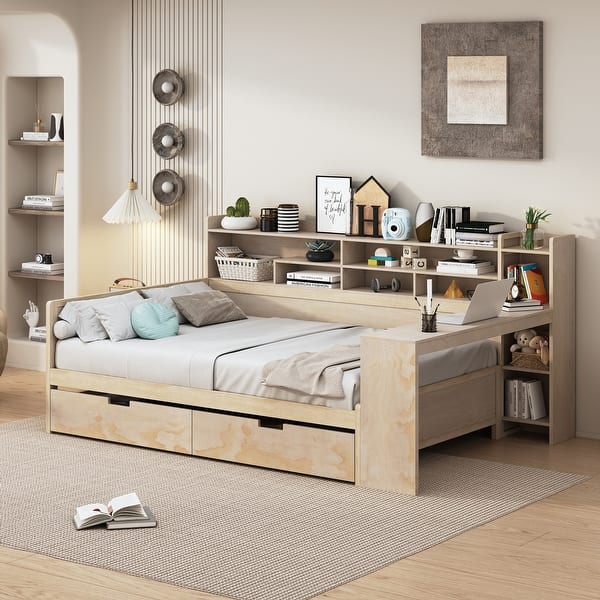 slide 2 of 36, Full Size Wooden Daybed with Study Desk, Storage Shelves, and Two Drawers Natural - Full