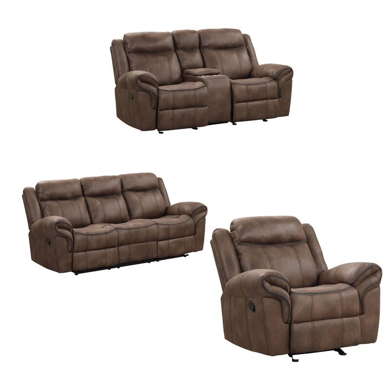 Arisa 3pc Sofa, Loveseat, Chair Manual Recliner Set, Brown Faux Leather