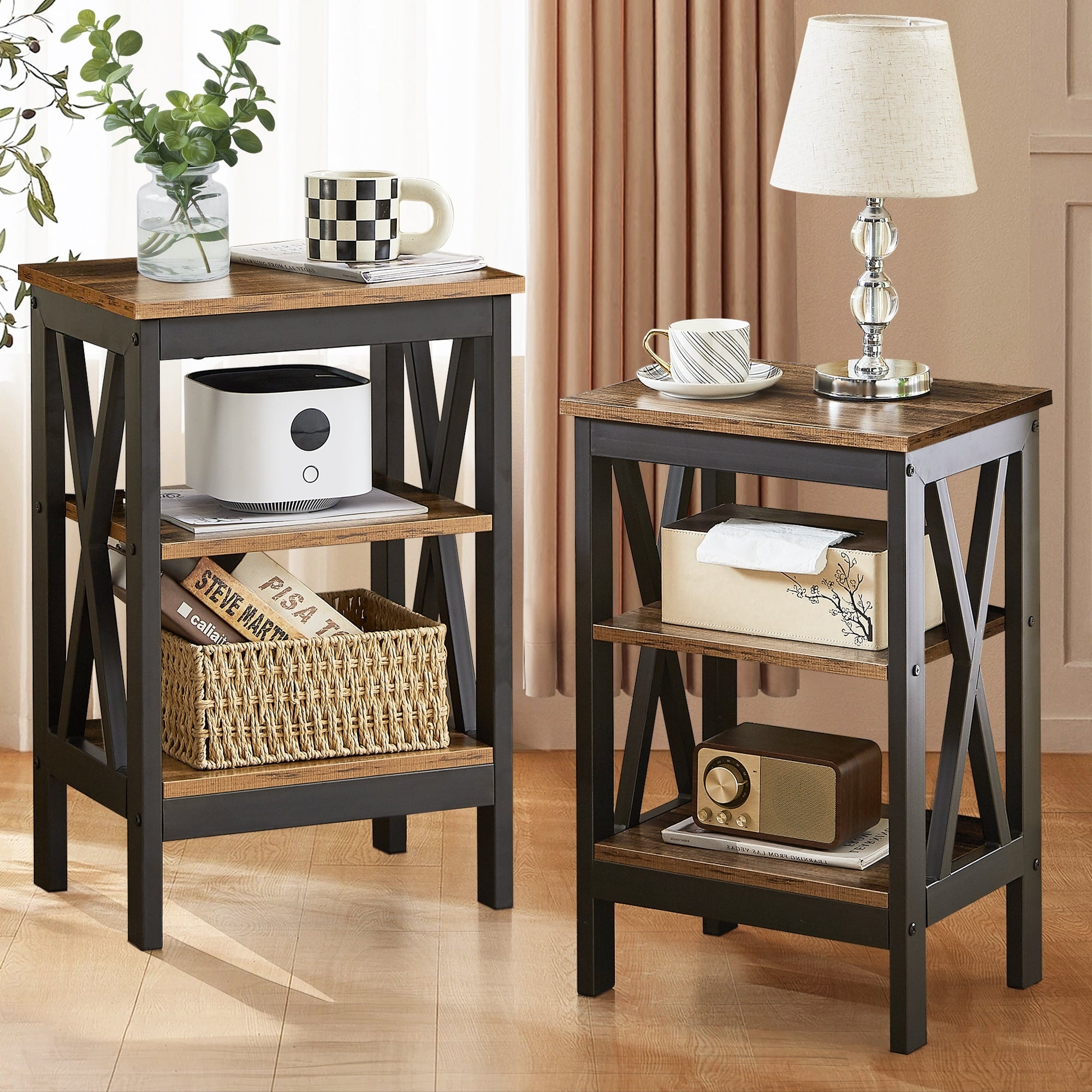 Javlergo 3-Tier Nightstand with X-Shape Metal Frame Industrial Side Table with Storage Shelves for Bedroom Living Room(Set of 2)