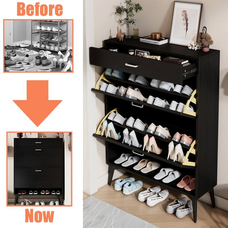 3-Drawer Wood Shoe Storage Cabinet with Removable Panels & 1 Open Shelf