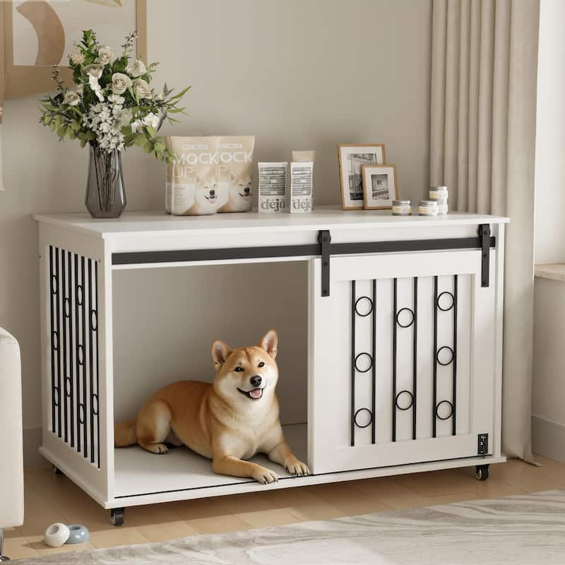39.37'' Wooden Dog Crate Furniture with Sliding Barn Door, Decorative Pet Crate with Metal Bars and Lockable Wheels - White
