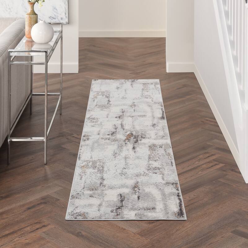 Nourison Elation Modern Abstract Area Rug - 2'3" x 7'6" Runner - Grey Ivory - Rectangle