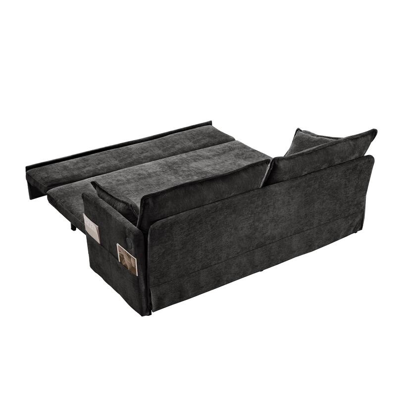 59.5" Ergonomic Sofa Bed with Storage & Charging - Supportive Chenille Convertible Sleeper, 800lb Capacity