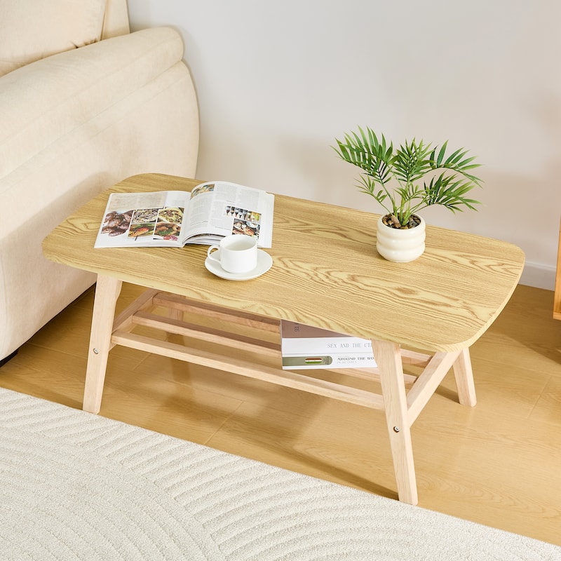 Solid Wood Coffee Table - 2-Tier Wooden Center Coffee Table with Storage Shelf for Living Room, Apartment, and Office