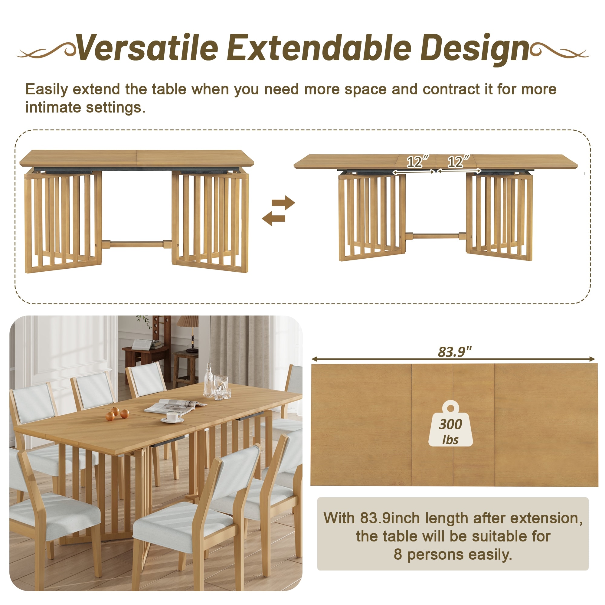 Farmhouse 9 Piece 83.9inch Extendable Dining Table Set with 2 12 inch Removable Leaves and 8 Upholstered Dining Chairs Bed Bath Beyond 41441481