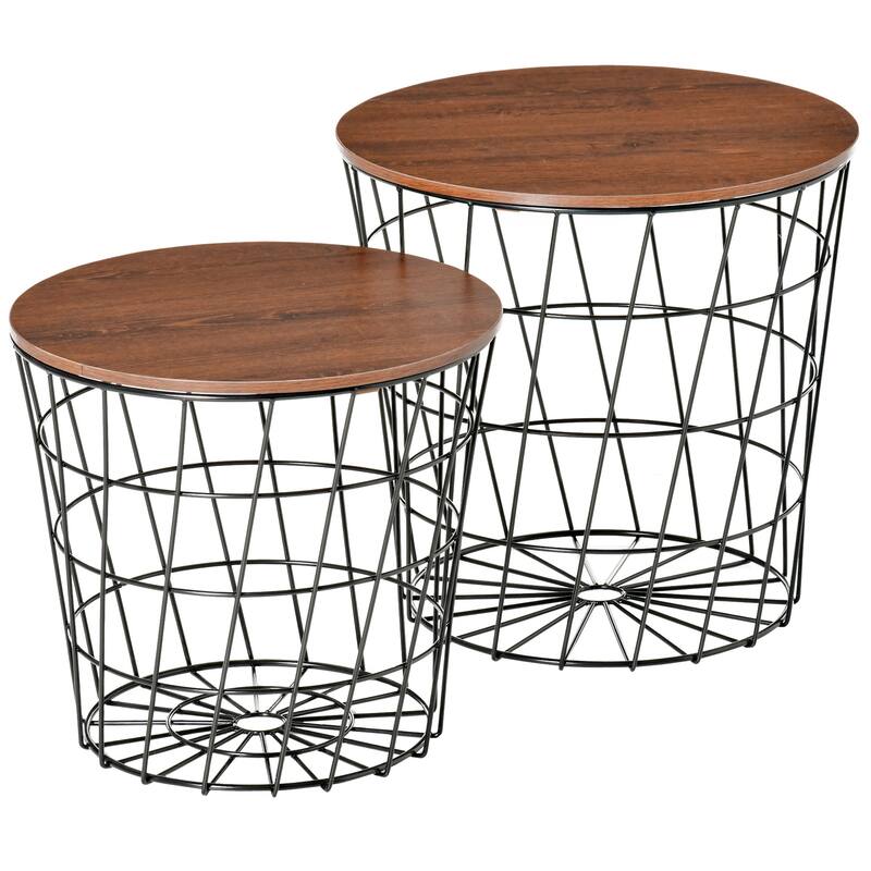 HOMCOM Set of 2 Side Tables Nesting Coffee Table with Storage, Stacking Side Tables with Metal Frame and Removable Top