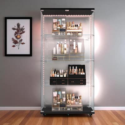 Tempered Glass Display Cabinet with Bluetooth LED Lights, Lockable Doors and Casters, Wine & Storage Cabinet for Home Office