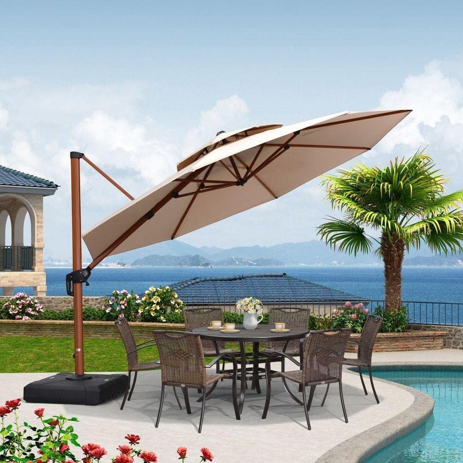 PURPLE LEAF 10/11/12ft Round Wood Pattern Patio Cantilever Umbrella with Base