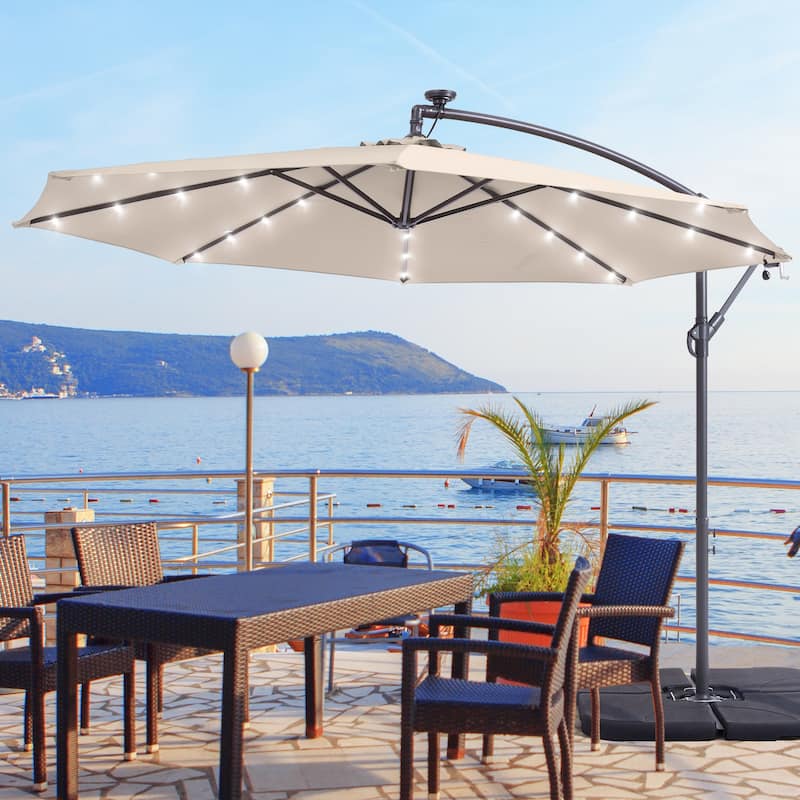 10Ft LED Patio Offset Umbrella Hanging Circle Umbrellas,w/Cross Base - Beige