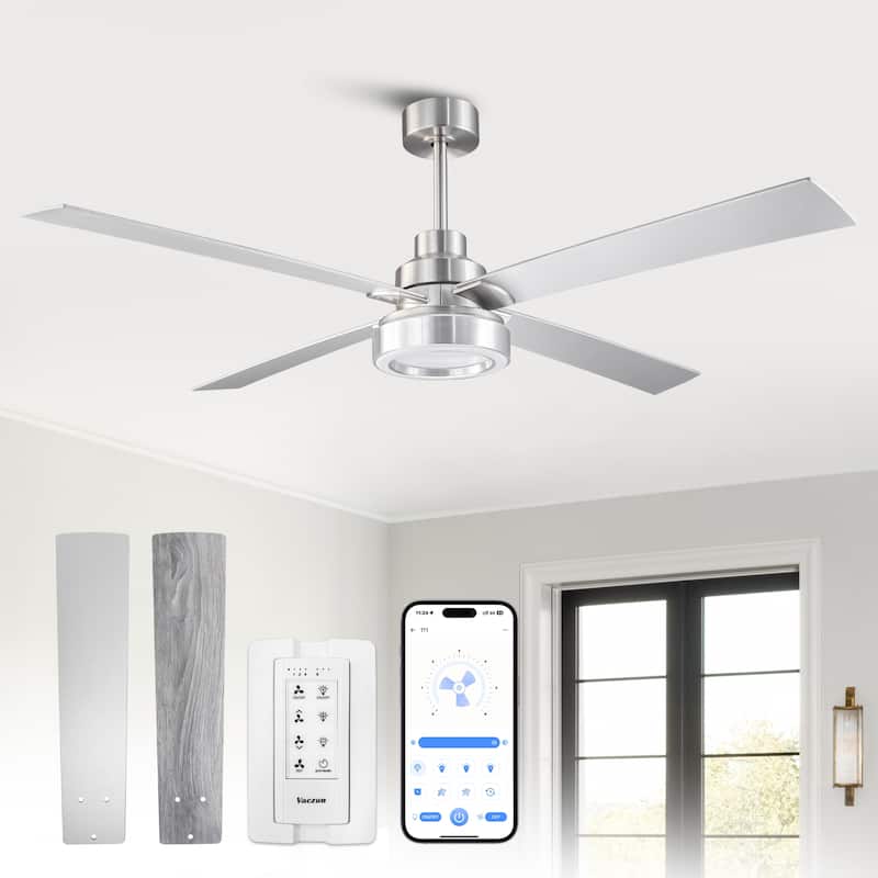 Vaczon 60" Modern Brushed Nickel Integrated LED Smart Ceiling Fan with Light and Remote, App Control