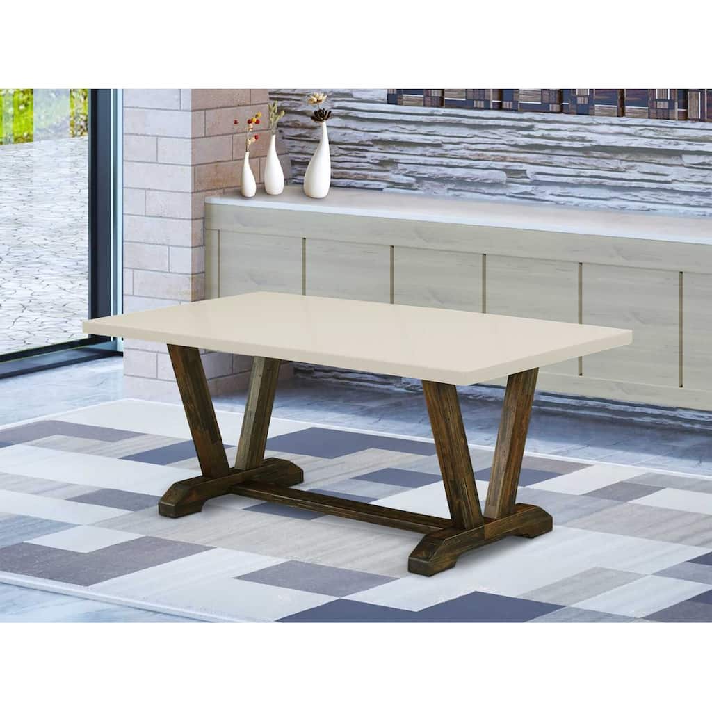 Rectangular Dining Table 40x72 Inch - V-Style Base with Linen White Top and Distressed Wood Legs - 40